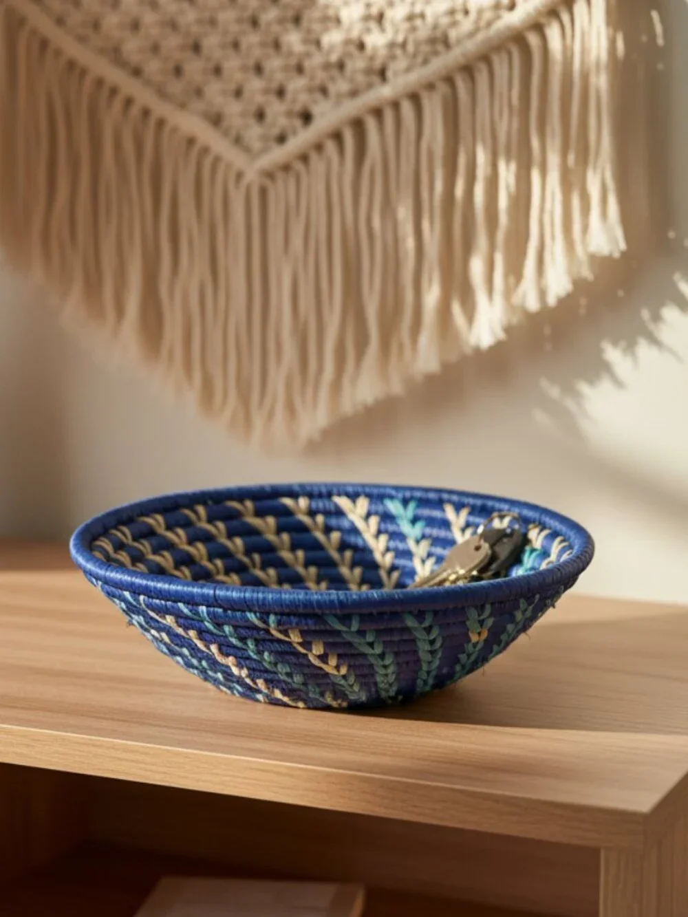 Blue White Woven Raffia Grass African Baskets Set of 2 - Small 8 in | Large 12in